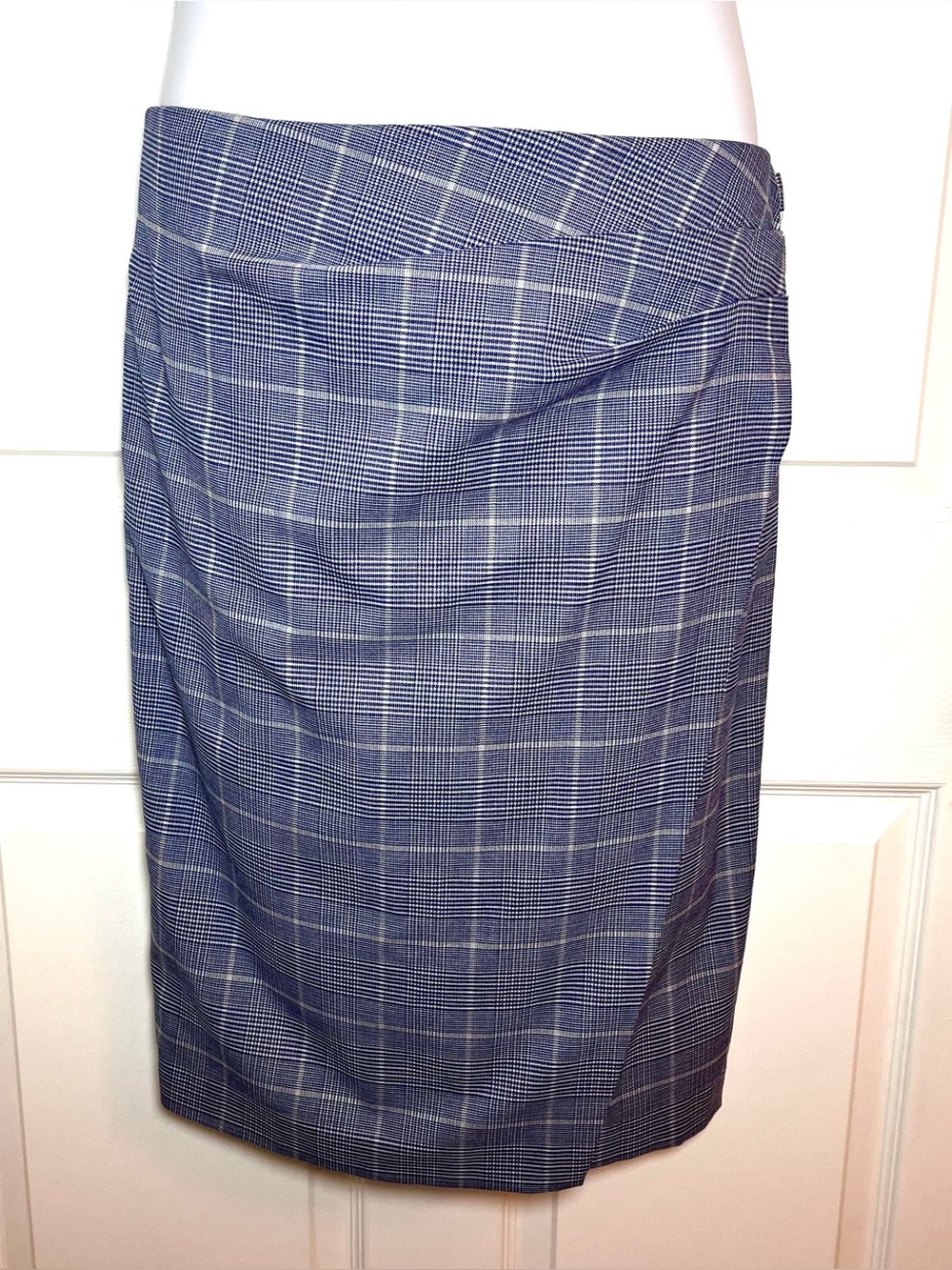 DKNY Plaid Faux Wrap Skirt Silver Toggle Accents Cobalt Blue Size 16 UJ2SP806